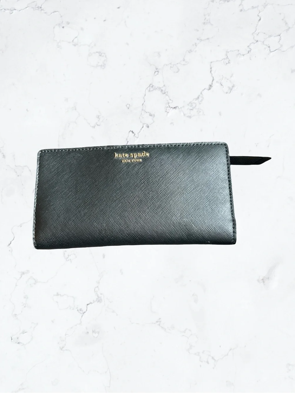 Kate Spade Black Saffiano Zip Wallet with Gold Logo